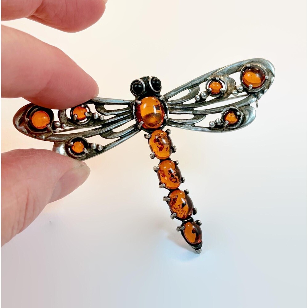 Vintage Brooch, Dragonfly, Amber, Sterling Silver, Cognac Amber, Art Nouveau